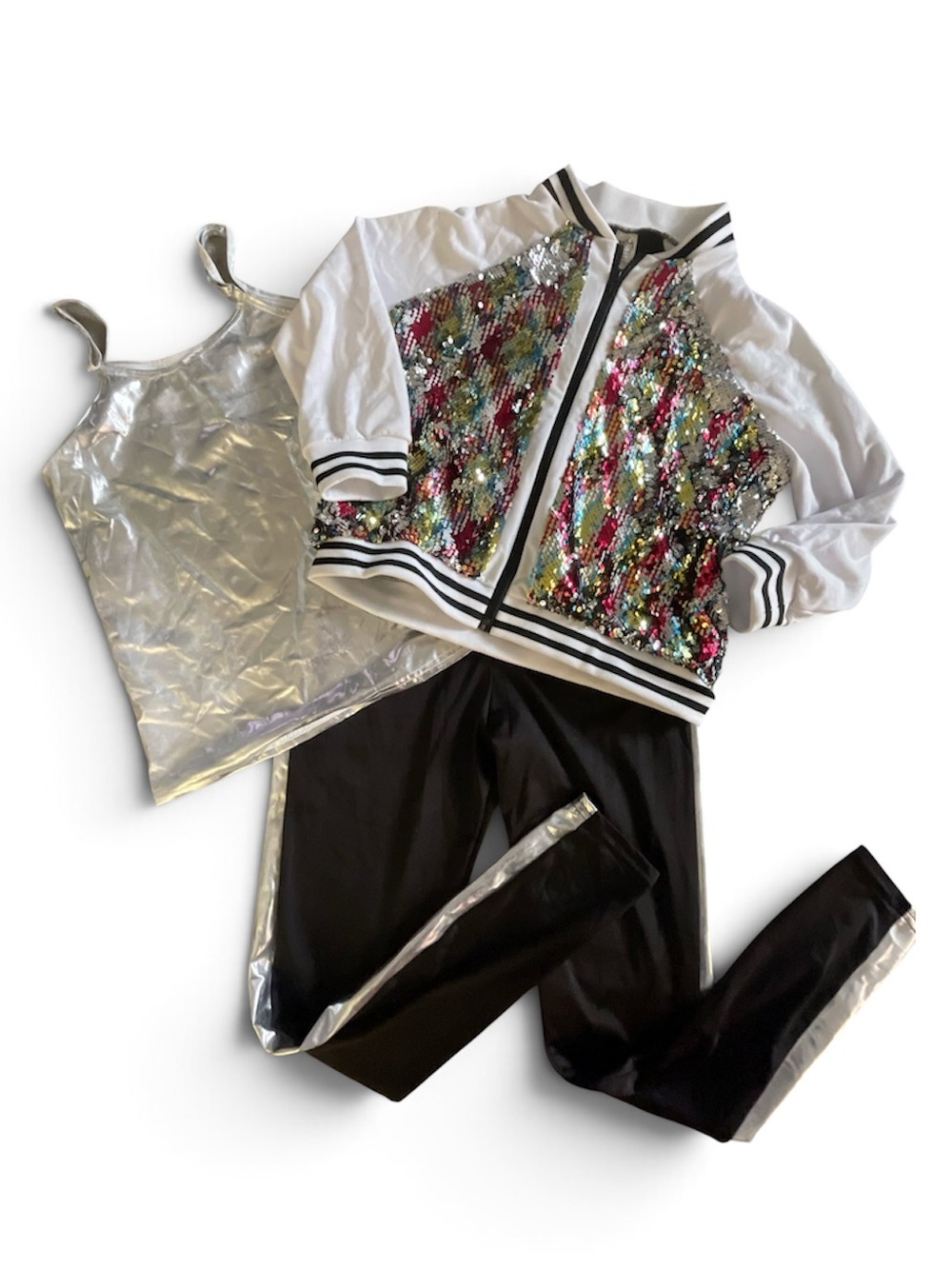 LC Multicolor Sequin Bomber Jacket with Silver Tank and Black Track Costume